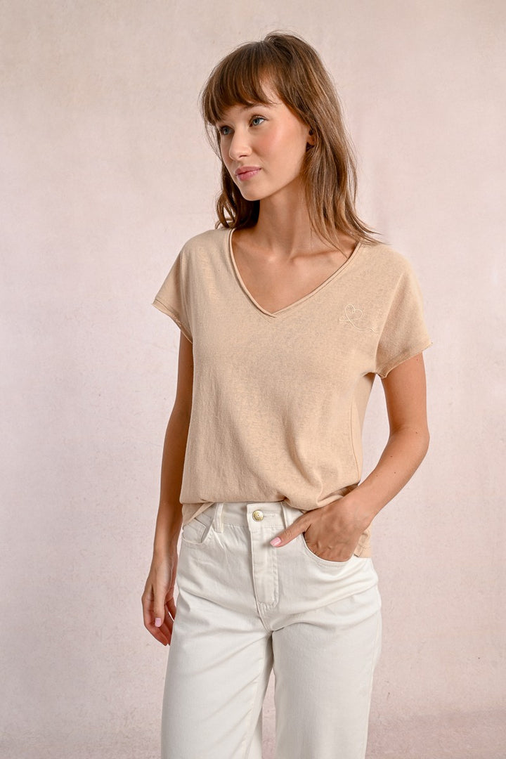 Beige V-Neck Tee