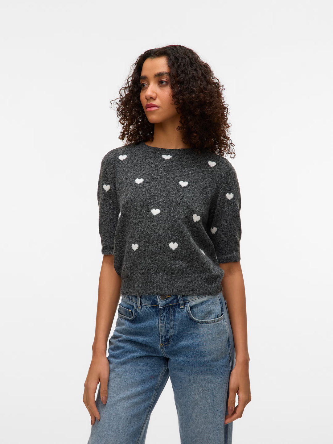 Doffy Short Sleeve Knit Sweater - Grey/White Hearts