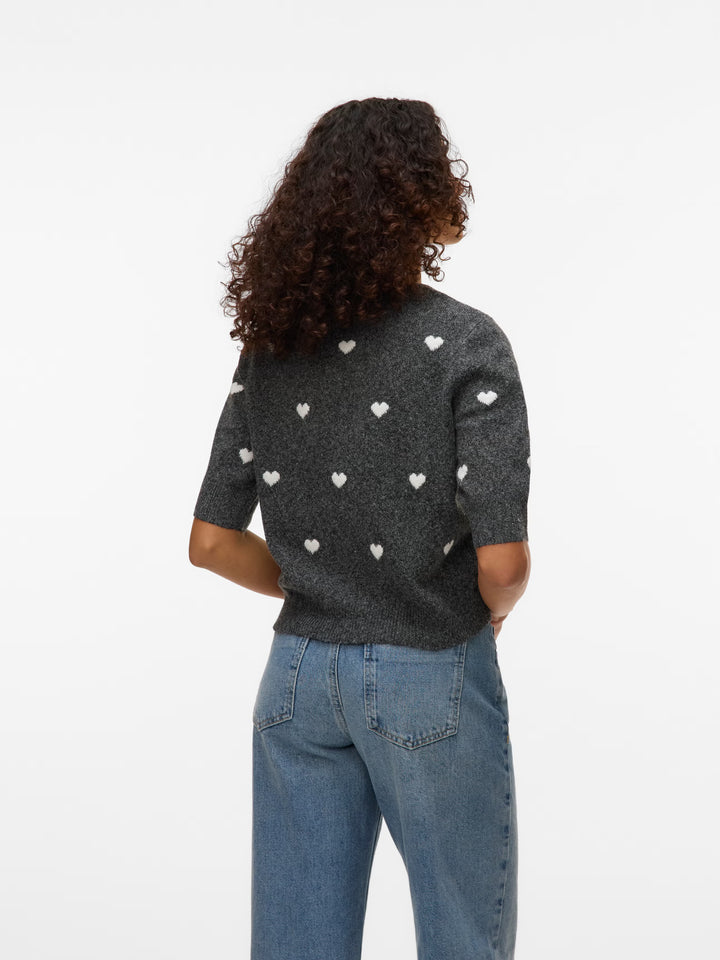 Doffy Short Sleeve Knit Sweater - Grey/White Hearts