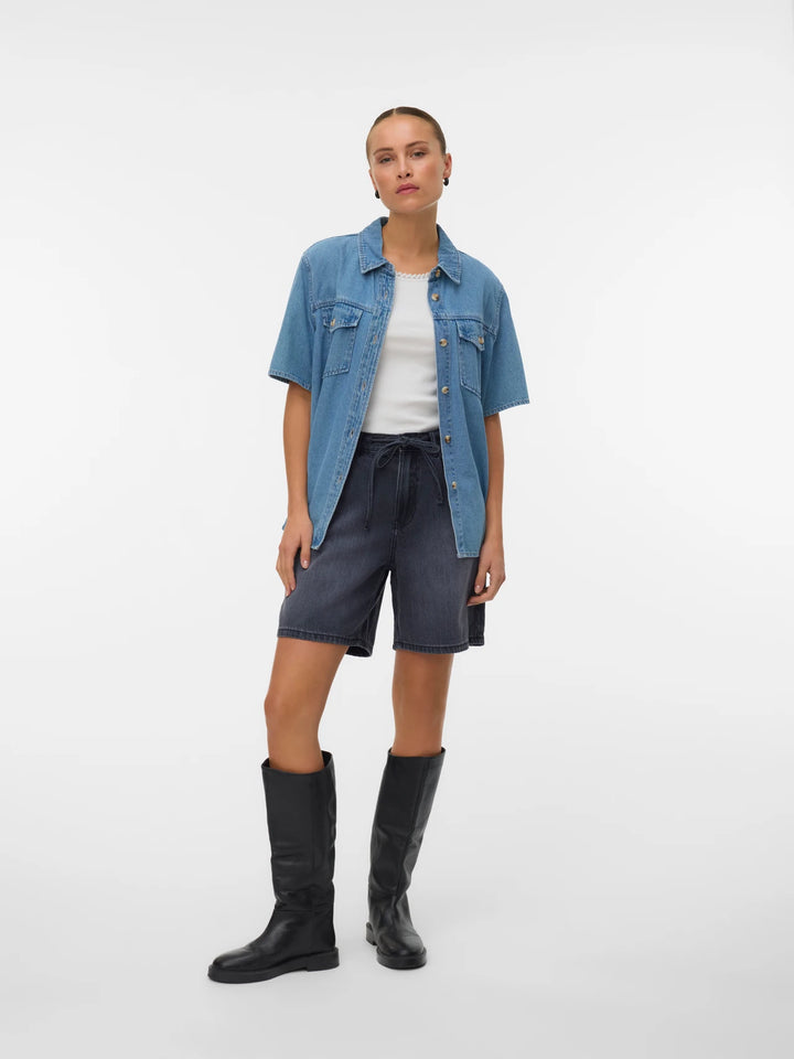 Blue Short Sleeve Denim Button Up