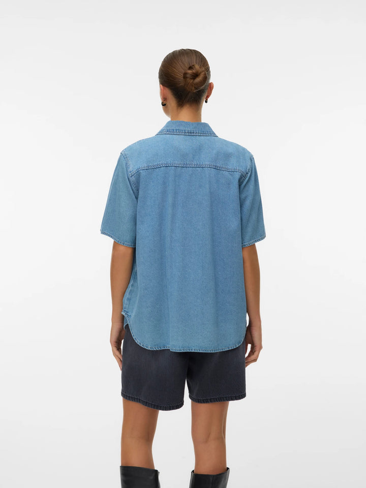 Blue Short Sleeve Denim Button Up