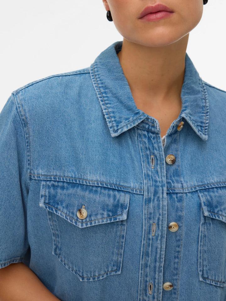 Blue Short Sleeve Denim Button Up