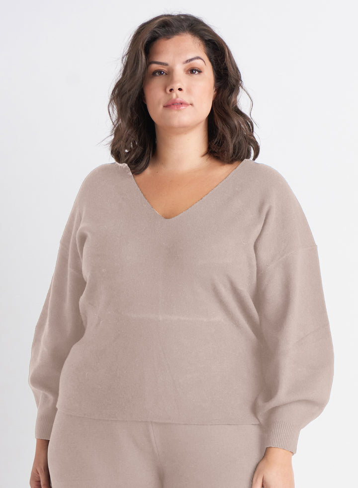 Ladies Plus - Taupe V Neck Sweater