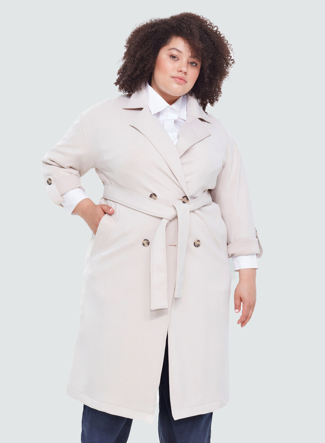Ladies Plus - Soft Ecru Trench Coat