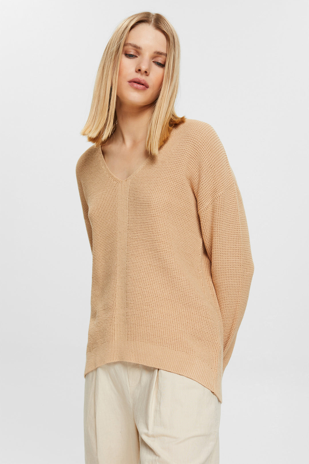 Beige V-Neck Knitted Sweater