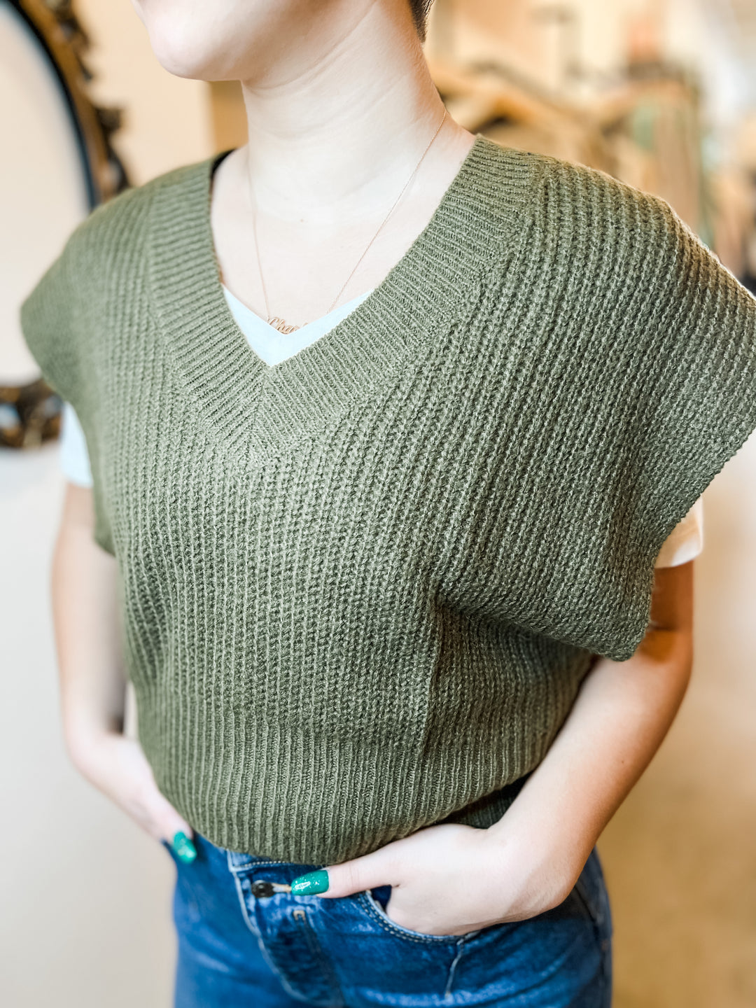 Khaki Green Knit Sweater Vest