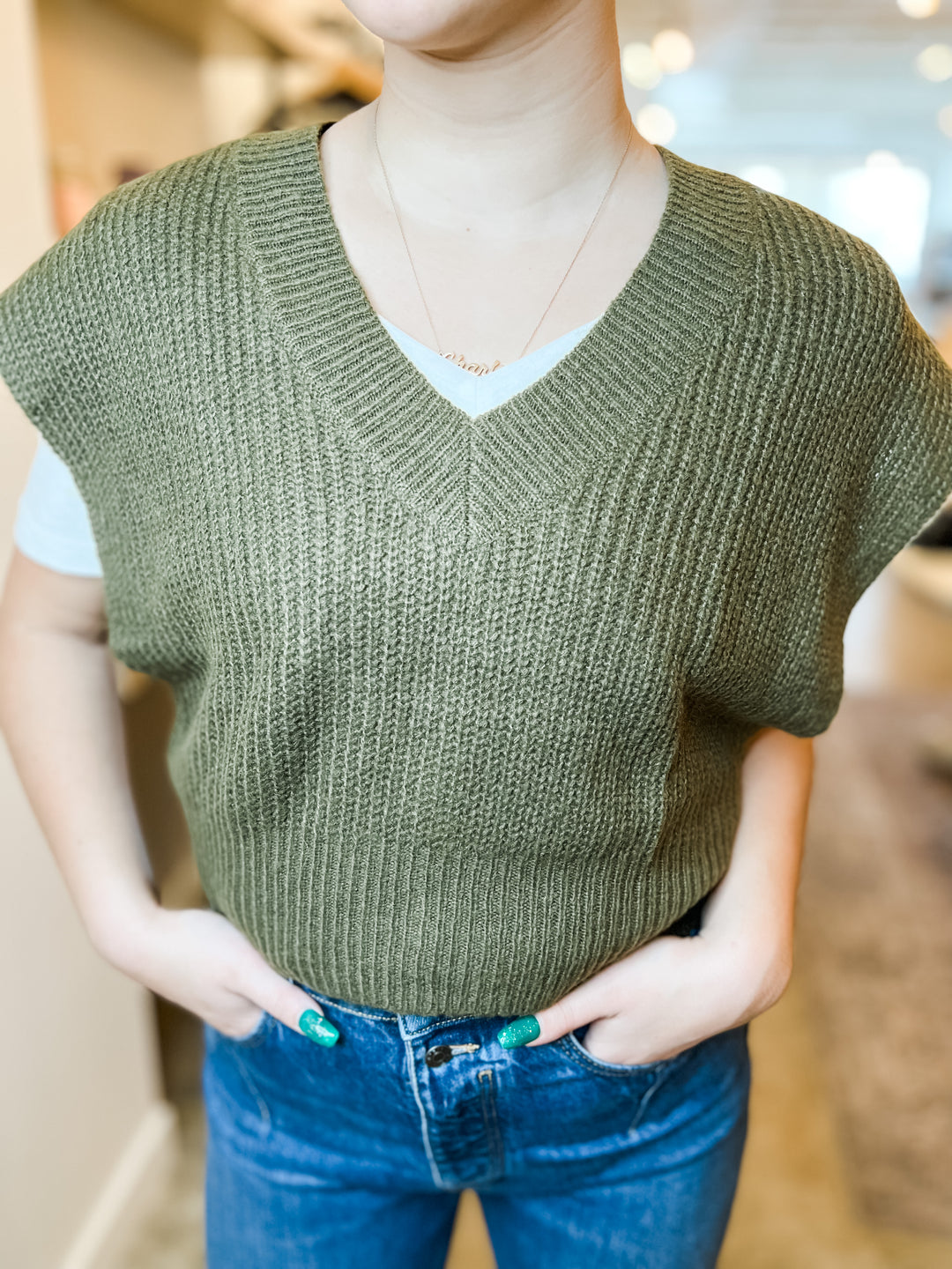 Khaki Green Knit Sweater Vest
